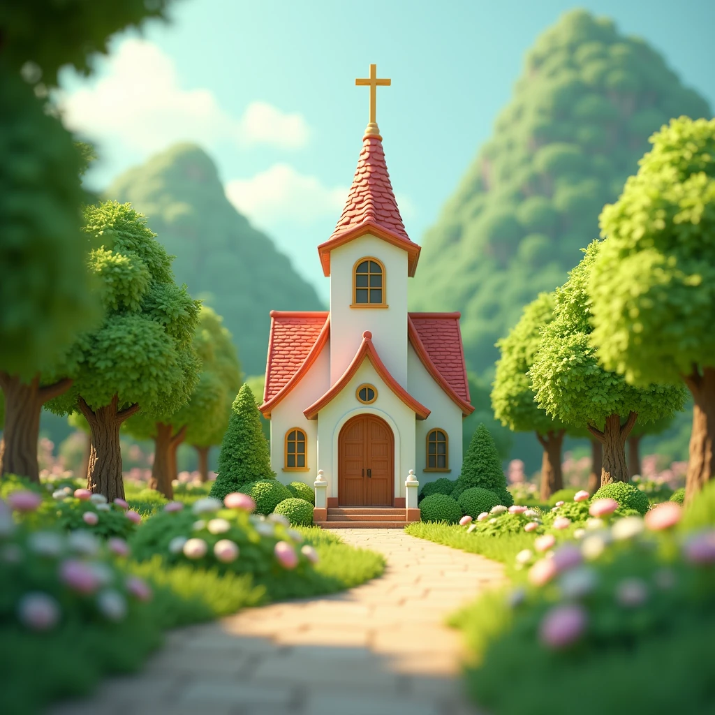 新緑のchurch、Gloria Studio, The garden is full of fresh green trees, Fairy tale、church、Clay Materials, Cartoon design style, POP MART, Soft lighting, Smooth lines, Tilt-shift lens, Detailed sci-fi illustrations, Ultra-Realistic Details,