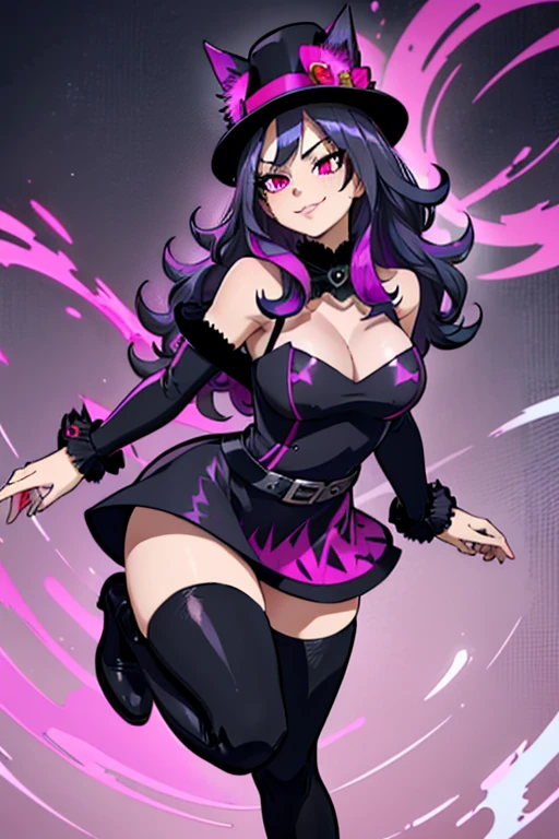 female, black long hair with magenta trim, silver eyes, wolf ears, wolf tail, (((1girl))), (((black and magenta dress))), (black hat with magenta trim), (black thigh high boots), cute and sexy, full body, large breasts, long legs, smiling