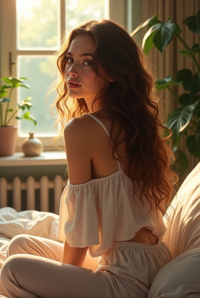 (photorealism:1.2), beautiful woman, sitting on bed, wearing loose off-shoulder top, pajama pants, long curly hair, indoors, soft lighting, plants in background, window with sunlight, cozy room, relaxed pose, realistic, intricate details, warm colors, by Greg Rutkowski, by Alphonse Mucha
