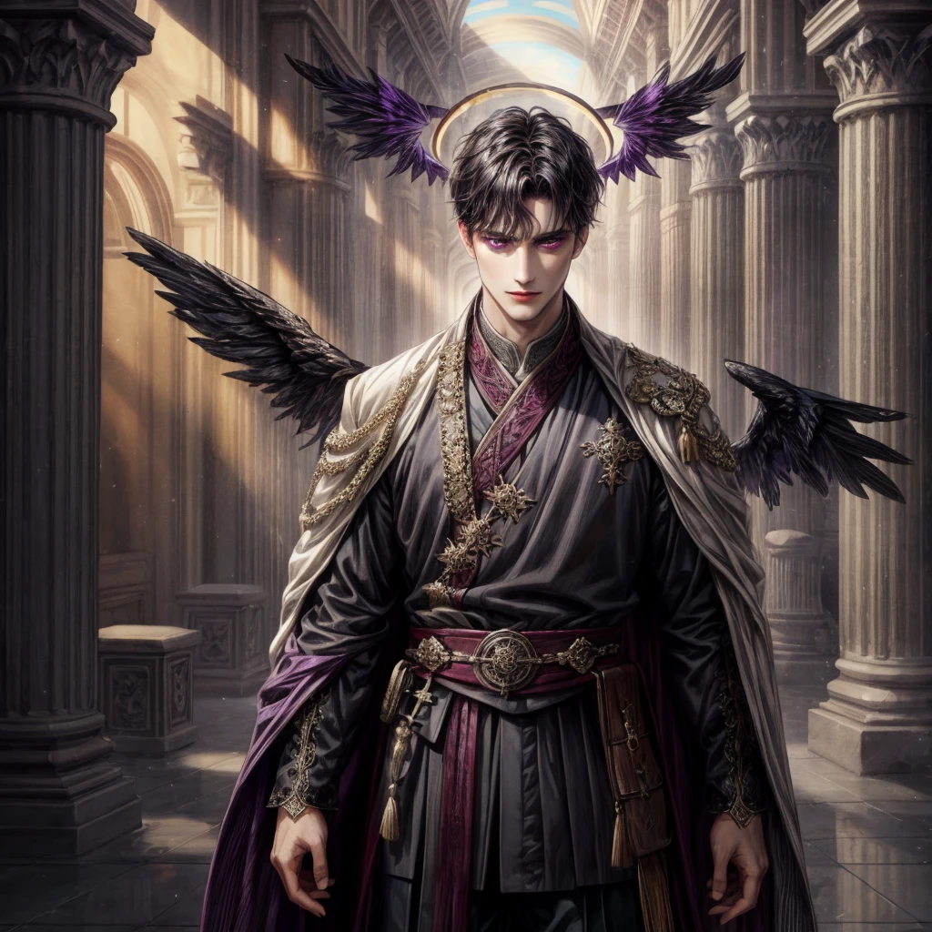 A man with dark medium hair, dark purple eyes, , have a dark wings, wear an ancient clothes, and wear a dark halo