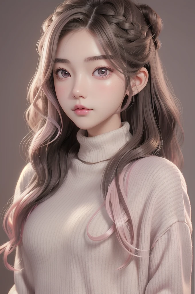 Girl, long brown hair, gray eyes, sharp features, white skin, pink lips, wavy hairstyle, sweater, brown jacket, ultra highest detailed whitest skin, glow pussy, 