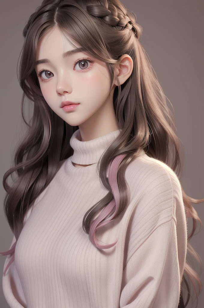 Girl, long brown hair, gray eyes, sharp features, white skin, pink lips, wavy hairstyle, sweater, brown jacket, ultra highest detailed whitest skin, glow pussy,