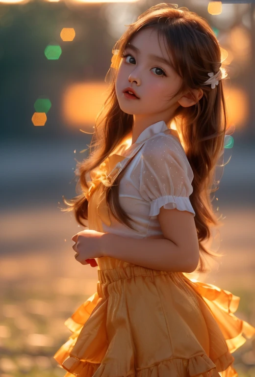 a young cute girl, around , playful expression, mischievous look, brown hair, large eyes, dynamic angle, burning fireworks in background, sunset, (cute, adorable, charming:1.2), (realistic, photorealistic, photo-realistic:1.37), (best quality,4k,8k,highres,masterpiece:1.2),ultra-detailed,(vivid colors,bokeh)