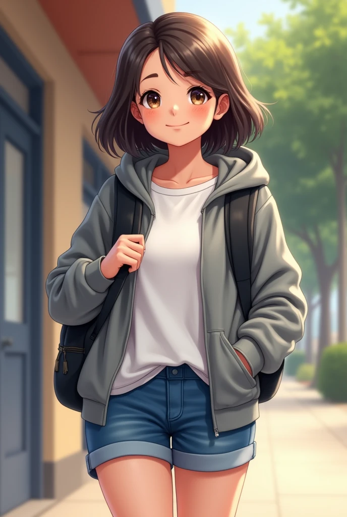 Grey hoodie over a white t-shirt、Shorts underneath（Blue）Bob&#39;s cute middle school girl is chubby and carrying a black backpack.