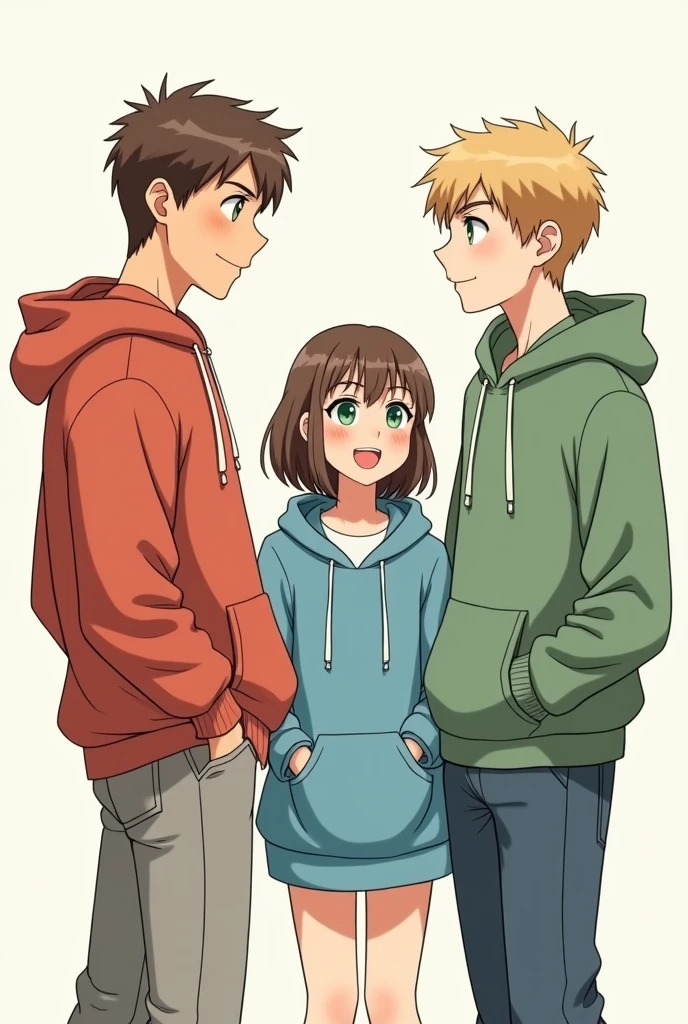 3 people talking 2 boys and a girl, All 3 of them are wearing kangaroo-type sweatshirts, The girl with green eyes and bangs, hair below her shoulders and of medium height, The first boy is tall with medium-short brown hair, Brown eyes, the second boy is tall with green eyes, medium blonde hair, a sketch please, thank you, mas alta la chica y el otro chico de poleron azul igual y con Brown eyess el chico rubio ojos verdes