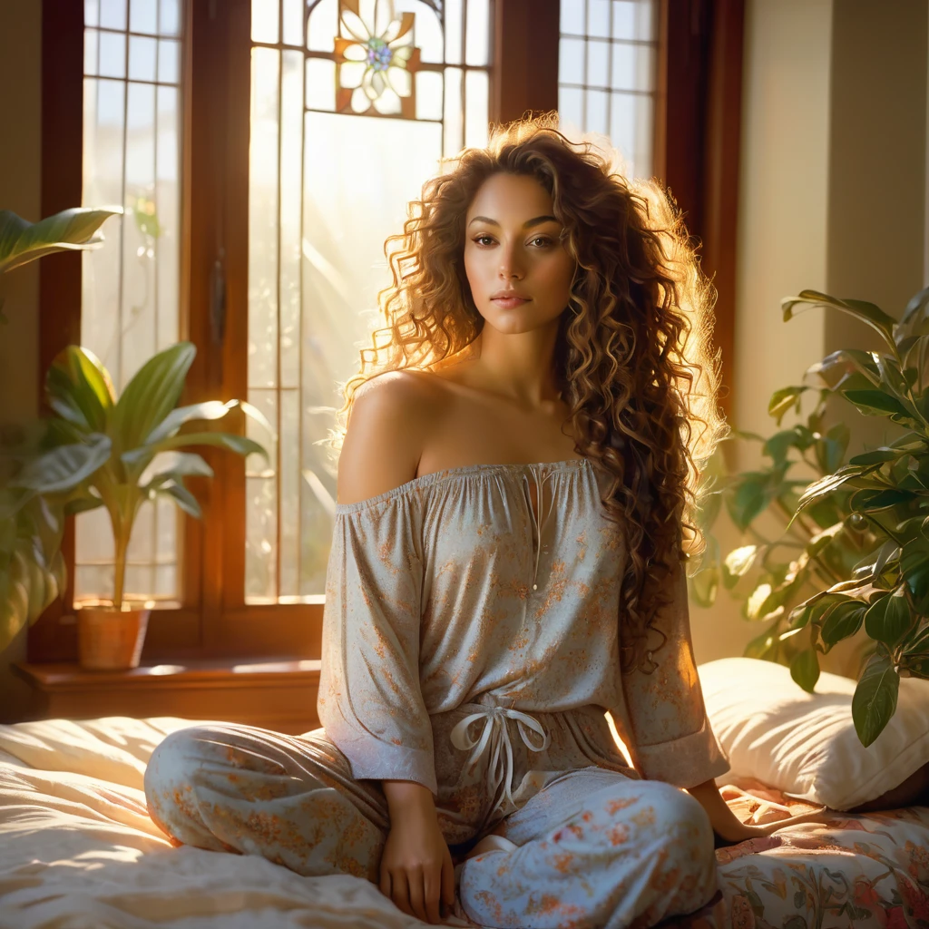 (photorealism:1.2), beautiful woman, sitting on bed, wearing loose off-shoulder top, pajama pants, long curly hair, indoors, soft lighting, plants in background, window with sunlight, cozy room, relaxed pose, realistic, intricate details, warm colors, by Greg Rutkowski, by Alphonse Mucha