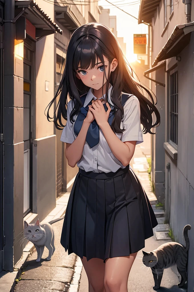 girl in school uniform petting a grey cat, alleyway, sunset, close up