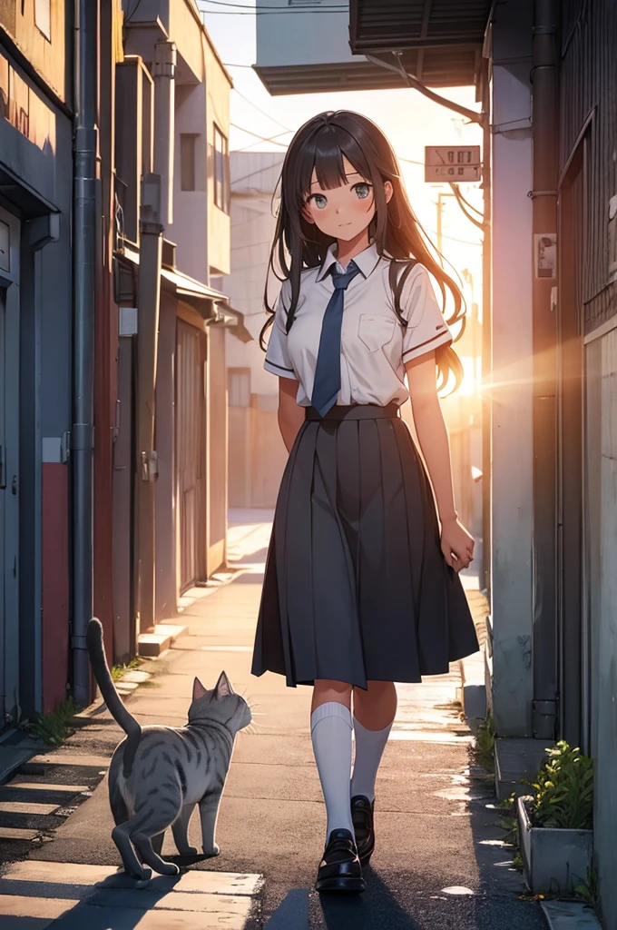 girl in school uniform petting a grey cat, alleyway, sunset, close up