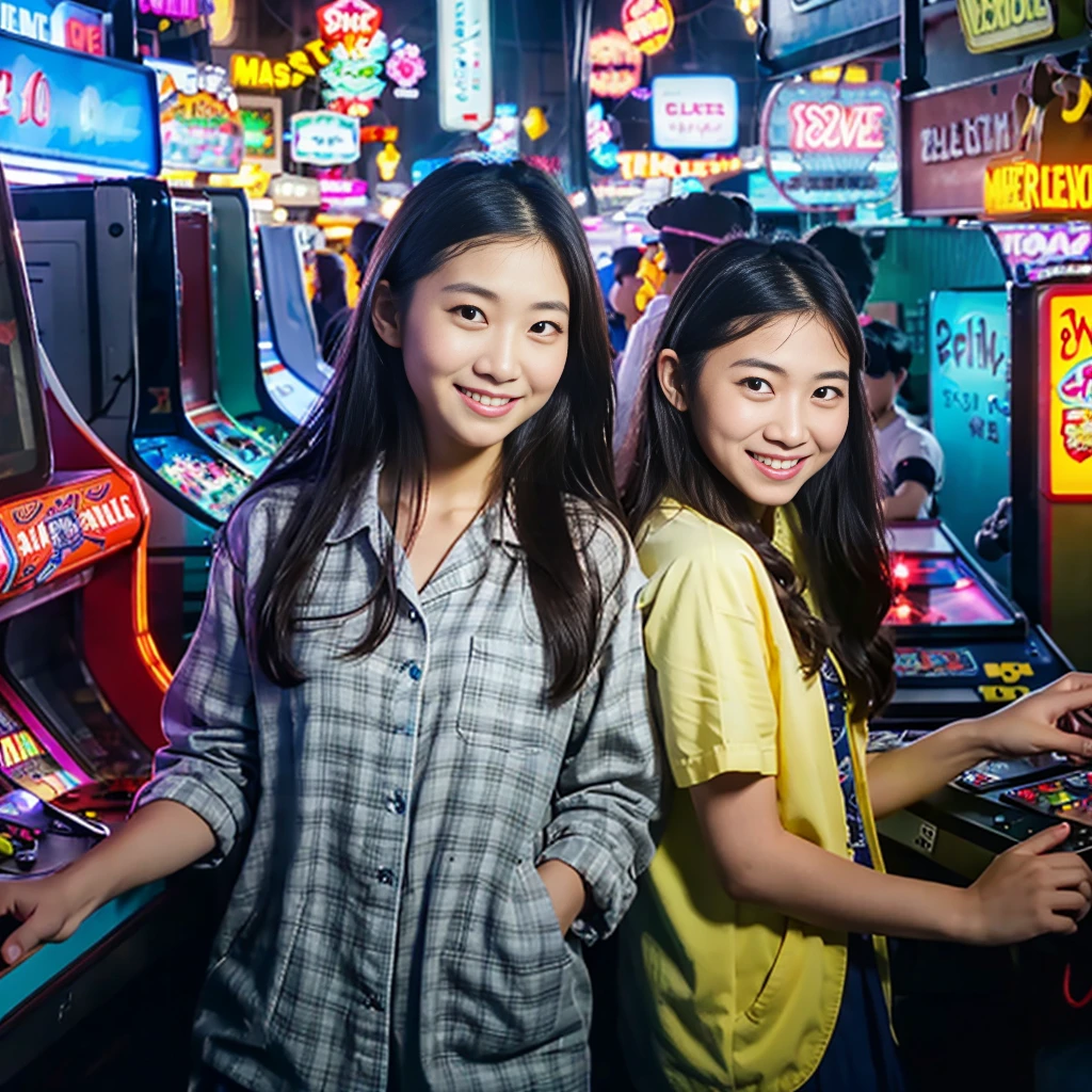 ((Highest quality、8k resolution、Masterpiece、Portraiture:1.3)), Photorealistic, organize, 35mm film, 2 Girls, smile、(Arcade: 1.3), Cluttered background, Lots of arcade machines, Dark Background