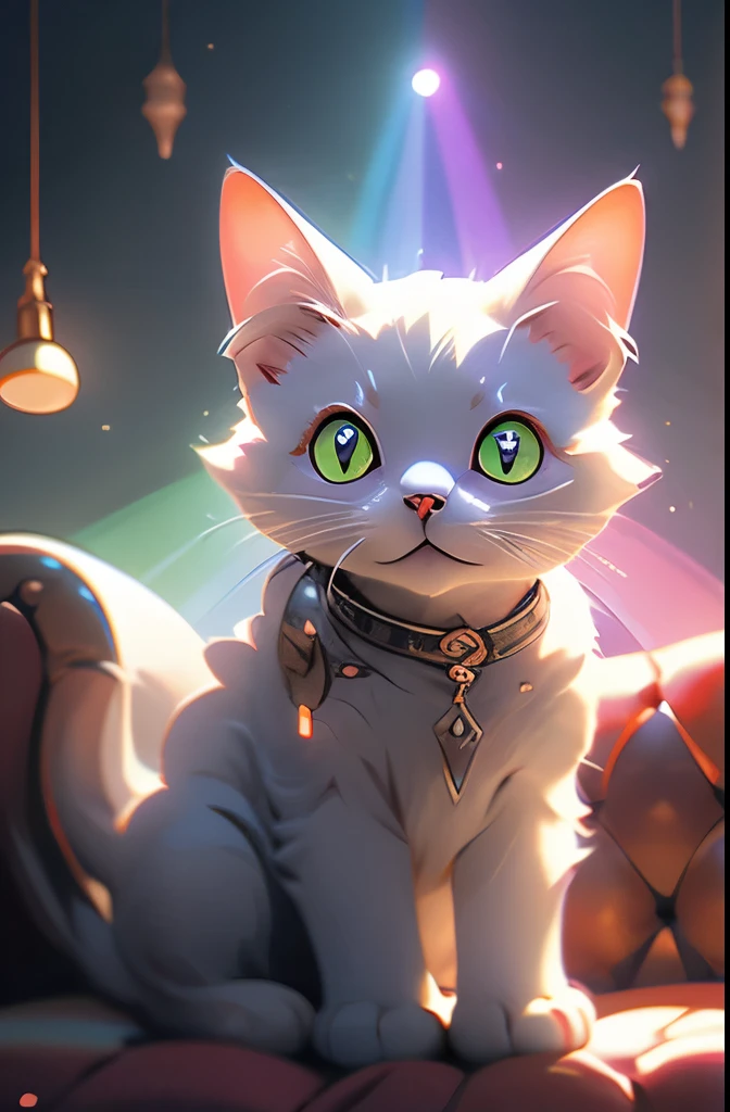 there is a cat that is sitting on a couch with a rainbow light on its face, cat with laser eyes, bright glowing eyes like leds, bright multiple glowing eyes, glowing laser beam eyes, awesome cat, cyborg cat, brightly glowing eyes, a cyborg cat, magical glowing eyes, laser beam eyes, 🐋 as 🐘 as 🤖 as 👽 as 🐳