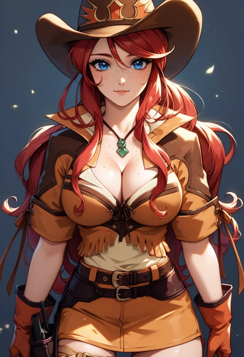 score_9, score_8_up, score_7_up, very aesthetic, source_anime, detailed, high quality, beautiful, masterpiece, detailed eyes,
(Simple dark background), blurry background,
cowboy shot, upper body, aroused facial expression, facing the viewer, looking at the viewer, cowboy shot
gemini sunrise, red hair, long hair, blue eyes, freckles, sidelocks, big breasts, cleavage,
belt, thigh strap, cowboy hat, cowboy boots, fringe trim, gloves, miniskirt, zPDXL