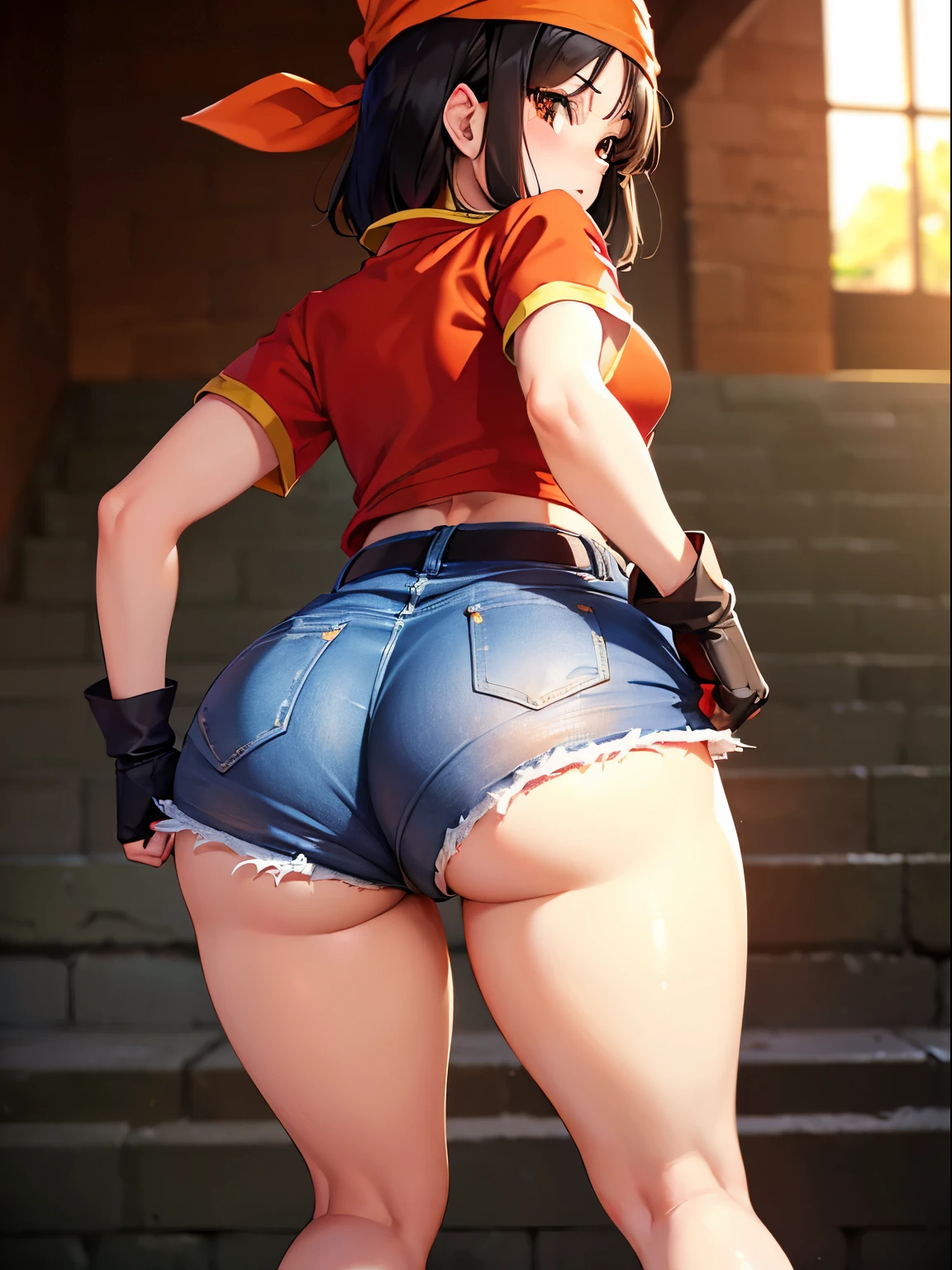 Velma, all fours, mini skirt, ass penetration, looking back, castle