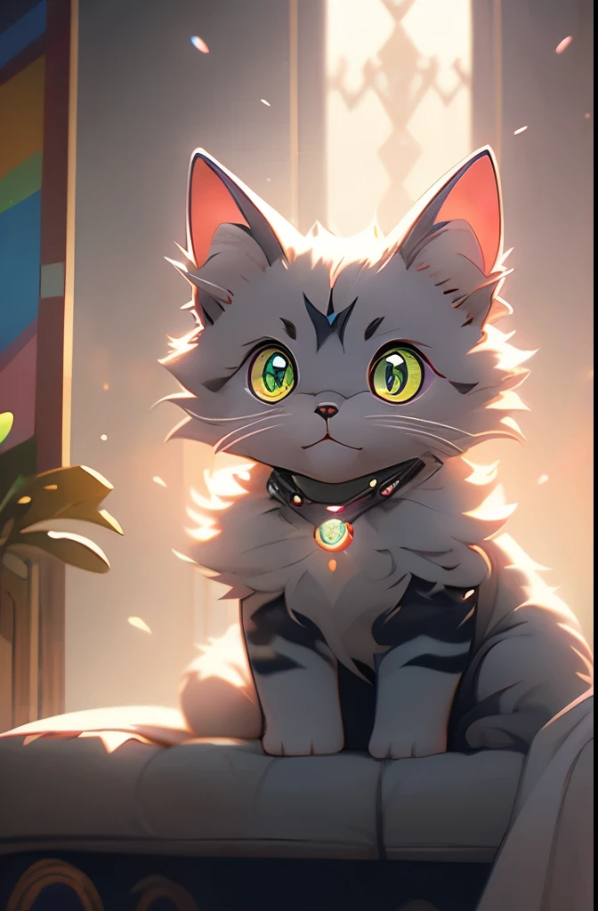 there is a cat that is sitting on a couch with a rainbow light on its face, cat with laser eyes, bright glowing eyes like leds, bright multiple glowing eyes, glowing laser beam eyes, awesome cat, cyborg cat, brightly glowing eyes, a cyborg cat, magical glowing eyes, laser beam eyes, 🐋 as 🐘 as 🤖 as 👽 as 🐳