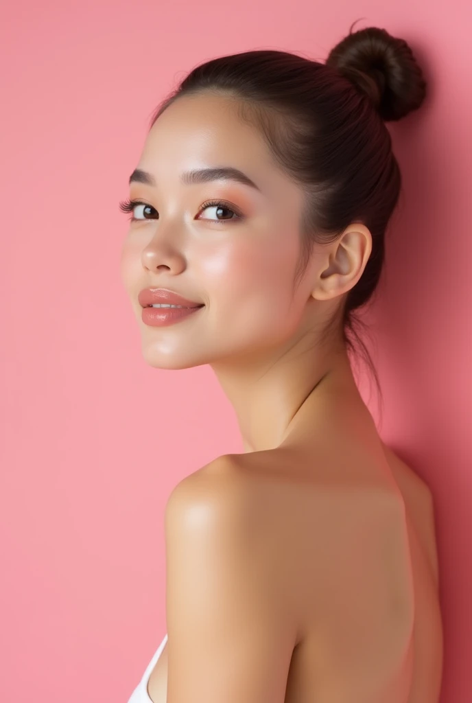 GENERATE A GIRL WITH CLEAN AND RADIANT SKIN WITH A PINK BACKGROUND