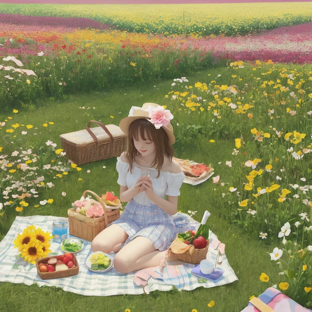A cute has a picnic in a flower field Three Dimensional