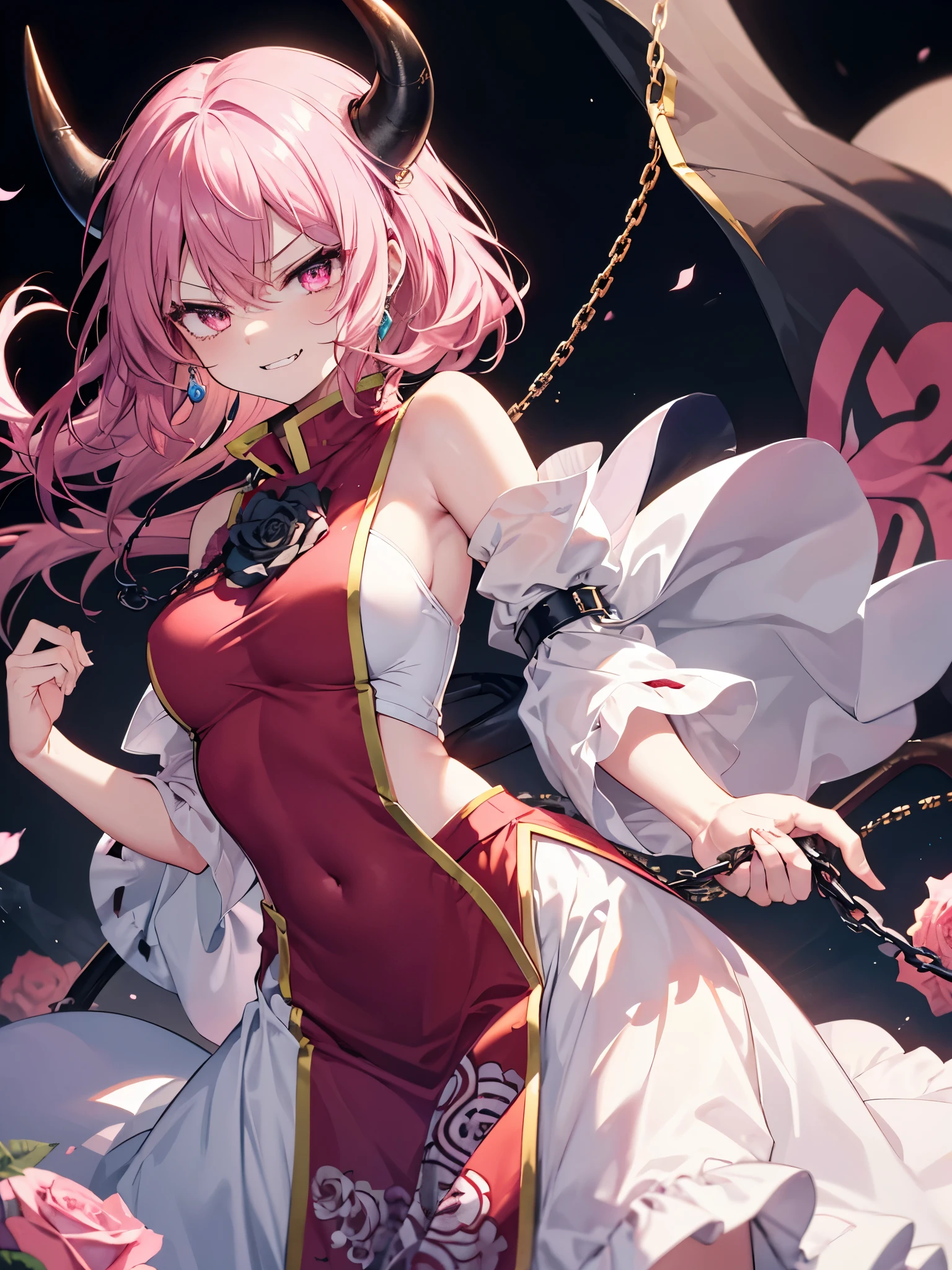 1girl, {{ibaraki_kasen_(touhou)}}, {{{{black tabard}}}}, pink rose, {{{white long skirt}}}, {{{sleeveless}}}, jewelry pink_eyes, pink long_hair, floating hair, {{{{oni, thick_two_horns in head}}}}, fangs, sharp_teeth, metal {{shackles}}, chain, evil smirk, provocation, femdom, arrogance, angry, glaring, sharp eyes, slanted eyes, slit pupils