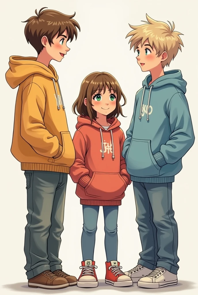 3 people talking 2 boys and a girl, All 3 of them are wearing kangaroo-type sweatshirts, The girl with green eyes and bangs, hair below her shoulders and of medium height, The first boy is tall with medium-short brown hair, Brown eyes, the second boy is tall with green eyes, medium blonde hair, a sketch please, thank you, mas alta la chica y el otro chico de poleron azul igual y con Brown eyess el chico rubio ojos verdes la chica con pelo mas largo y mas alta
