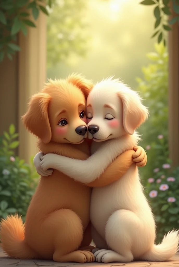 Make a picture where 2 dogs are hugging