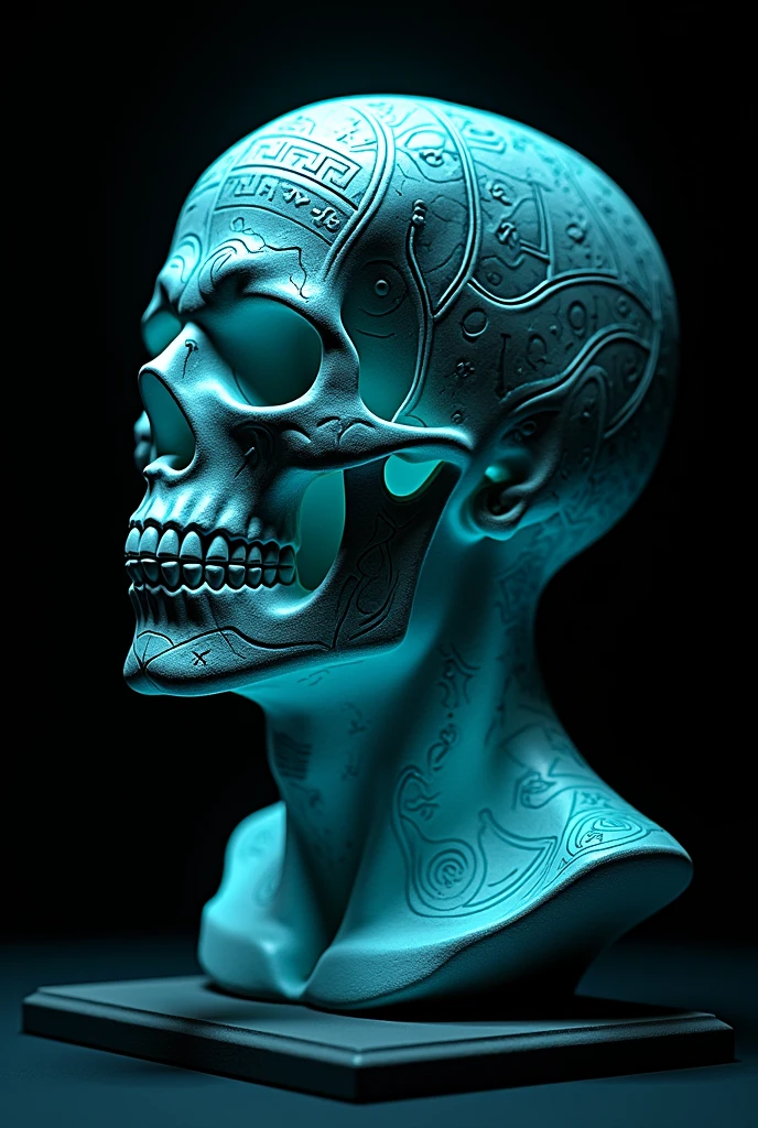 Create a black profile Greek sculpture type human skull with turquoise blue lights and Greek sculpture type tattoos and black background
