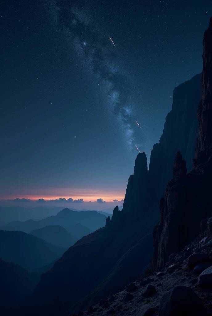On an ultra dark night with a cloudless sky overlooking outer space with its stars on a vertical mountain with shooting stars in the background falling horizontally without cities or people and a very dark landscape on planet Earth