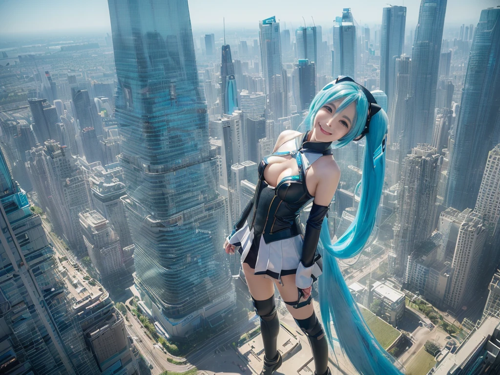 ((Description of Super Giant、8k、Realistic、Hatsune Miku、Cosplay、Japanese women、Cosplayイヤー、Large Breasts、smile、非常に詳細なDescription of Super Giant、Much bigger than a skyscraper、very small metropolis, Miniature metropolis, (靴の高さしかないMiniature metropolisで)、Full body description、(超巨大Hatsune Miku)、Walking from afar、top view、Delicate depiction)), ((Clone avatar depiction、8k、Realistic、Hatsune Miku、Cosplay、Japanese women、Cosplayイヤー、Large Breasts、smile、Highly detailed clone art、(hatsune miku one girl clones, 1 girl is cloned)、100 people、Hatsune Mikuの群衆、congestion、後ろに数百人のHatsune Miku集団、Delicate depiction))