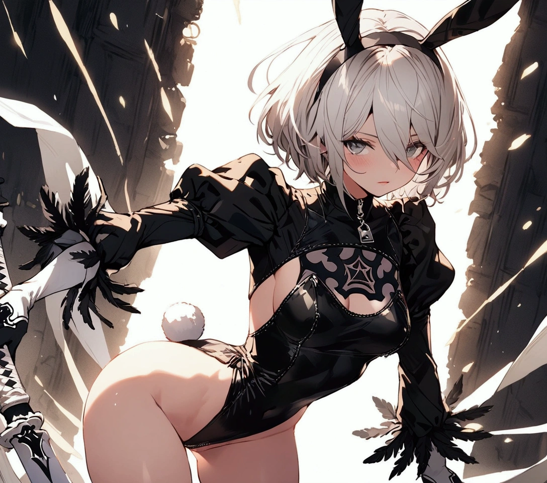 Best Quality, 2B Nier Automata, bunny bodysuit with backless design and zipper, without underwear or briefs, sexy clothes,