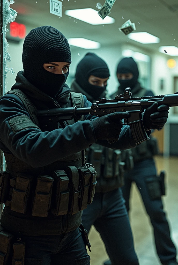 3 famme avec une cagoule et des pistolet pour faire un braquage dans une banque prises les vitrine repli argent