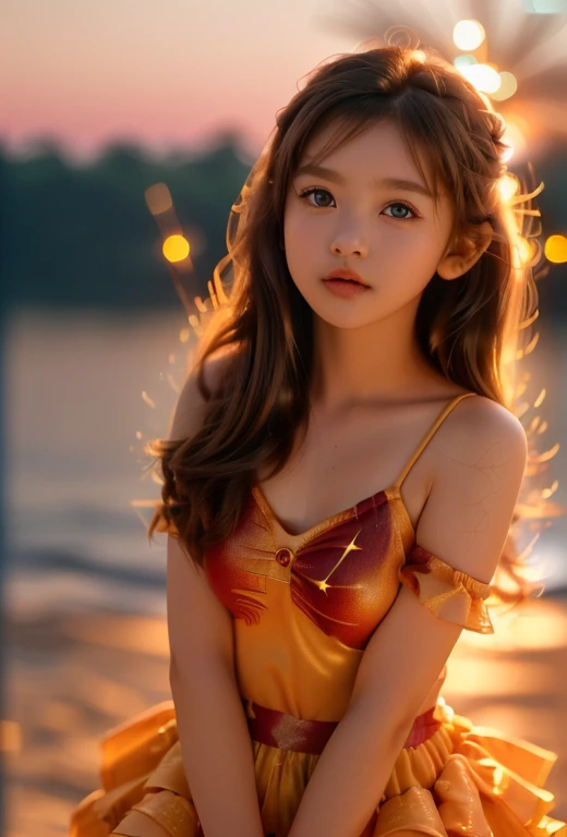 a young cute girl, around 10 years old, playful expression, mischievous look, brown hair, large eyes, dynamic angle, burning fireworks in background, sunset, (cute, adorable, charming:1.2), (realistic, photorealistic, photo-realistic:1.37), (best quality,4k,8k,highres,masterpiece:1.2),ultra-detailed,(vivid colors,bokeh)