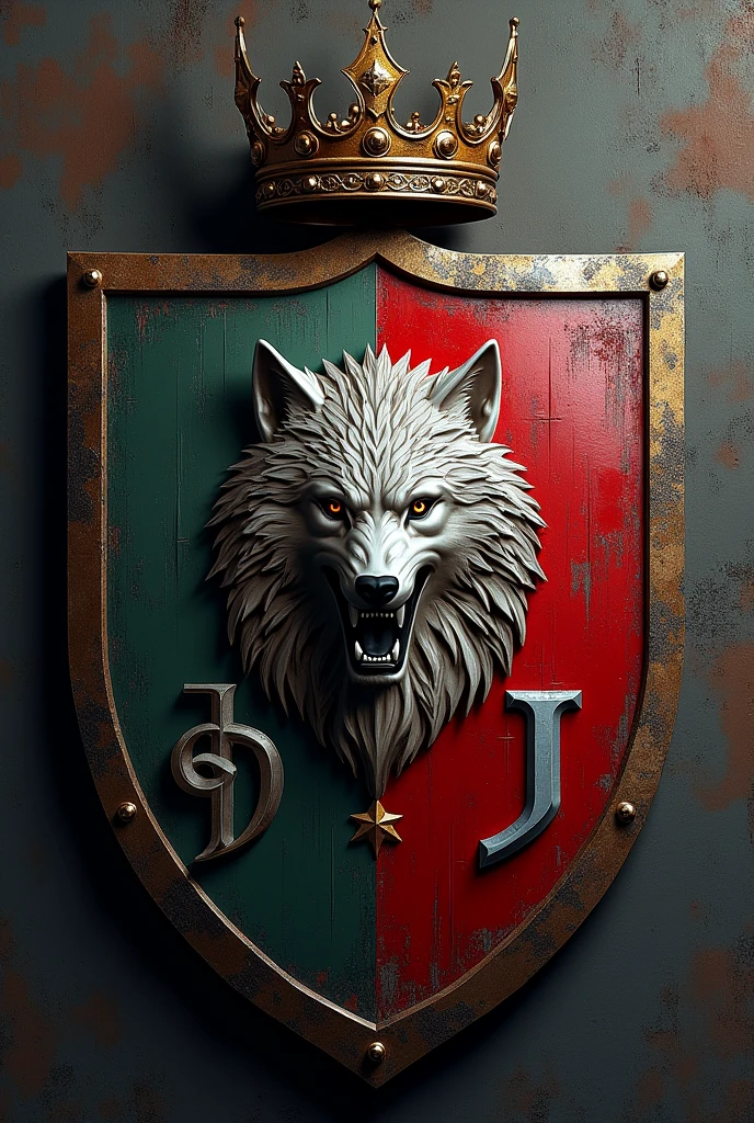 I want to create a shield with the emblem of the Stark house from Game of thrones , the J of Juventus of the football team and a crown on the shield 