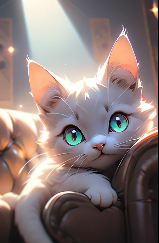 there is a cat that is sitting on a couch with a rainbow light on its face, cat with laser eyes, bright glowing eyes like leds, bright multiple glowing eyes, glowing laser beam eyes, awesome cat, cyborg cat, brightly glowing eyes, a cyborg cat, magical glowing eyes, laser beam eyes, 🐋 as 🐘 as 🤖 as 👽 as 🐳