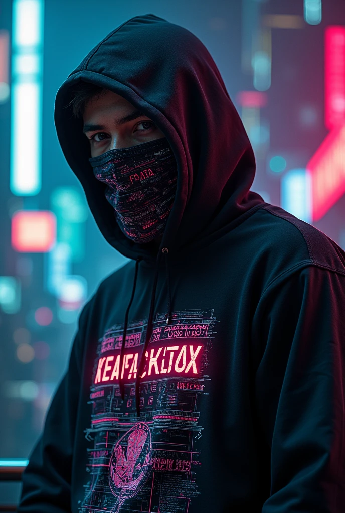 Generate a profile picture of a full-body 20-year-old boy wearing a black hooded sweatshirt and a scary red and black mask that covers his entire face and has his name on his chest "Maikol" and its background is very attractive with a city like a red hell

