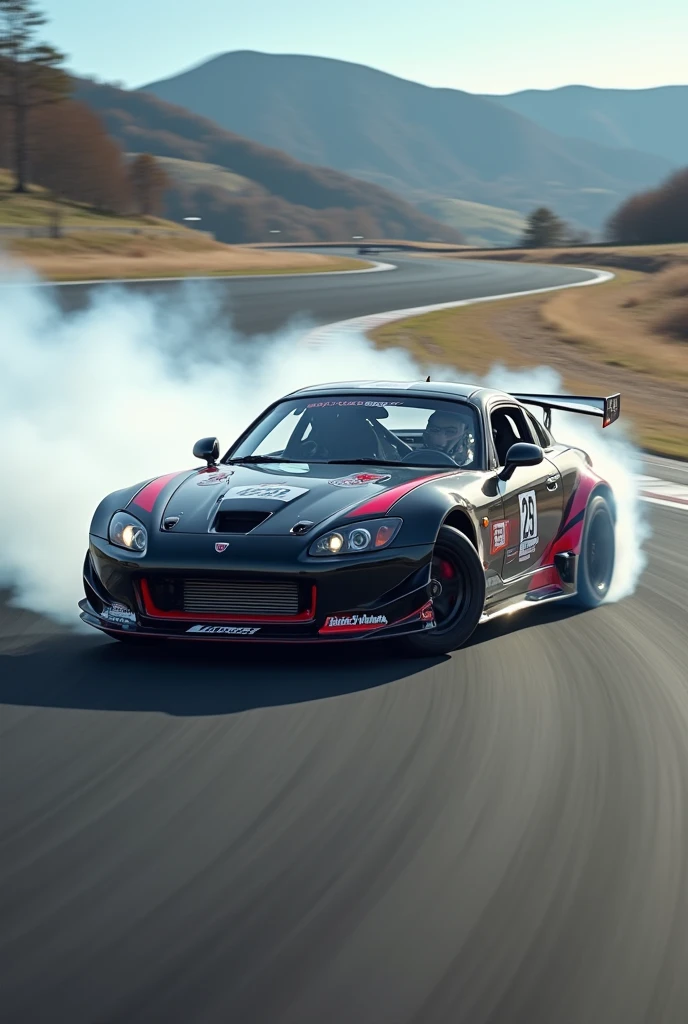 A white woman with long black hair is a drift driver