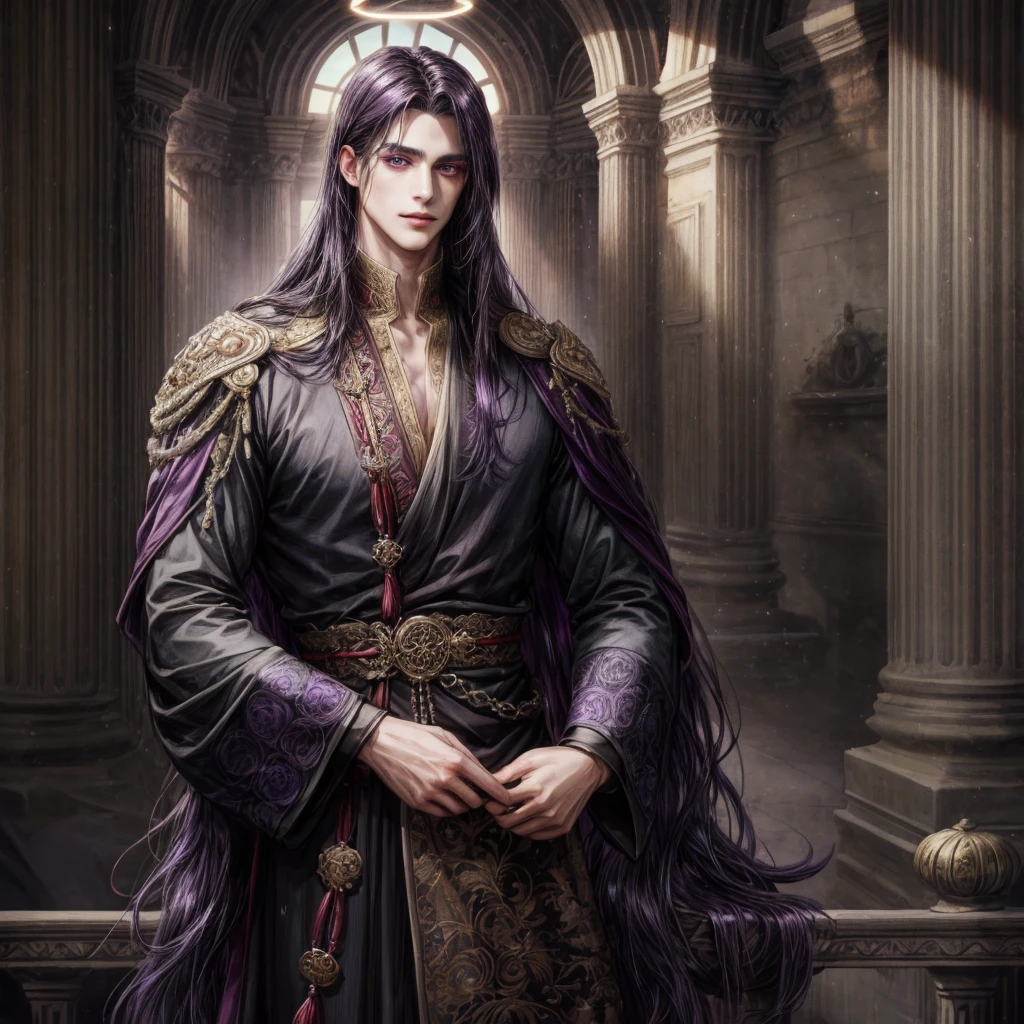 A man with dark long hair, dark purple eyes, , have a dark wings, wear an ancient clothes, and wear a dark halo