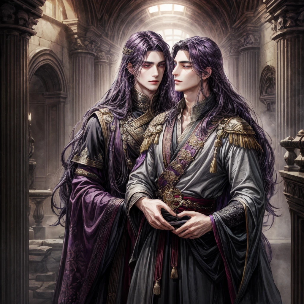 A man with dark long hair, dark purple eyes, , have a dark wings, wear an ancient clothes, and wear a dark halo