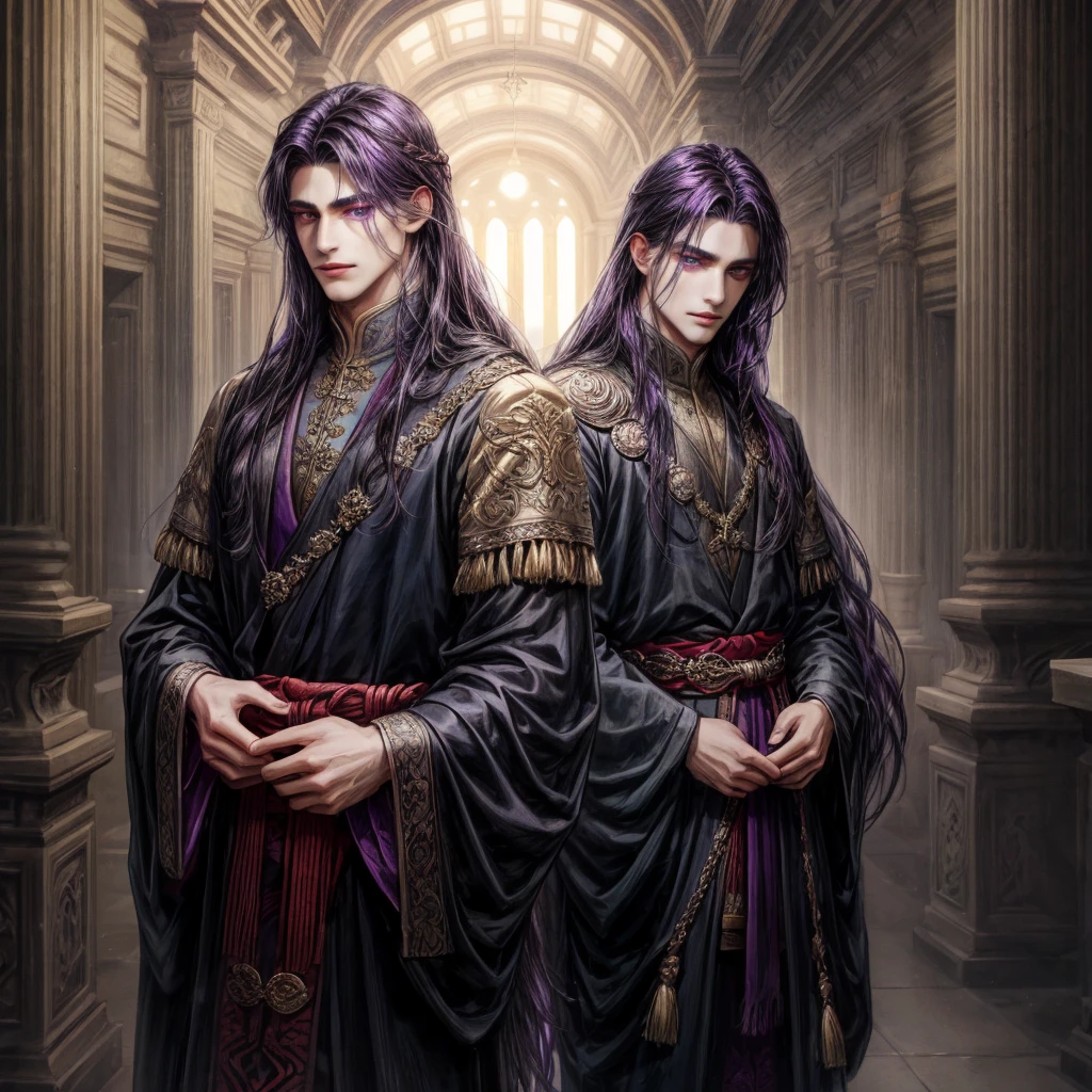 A man with dark long hair, dark purple eyes, , have a dark wings, wear an ancient clothes, and wear a dark halo