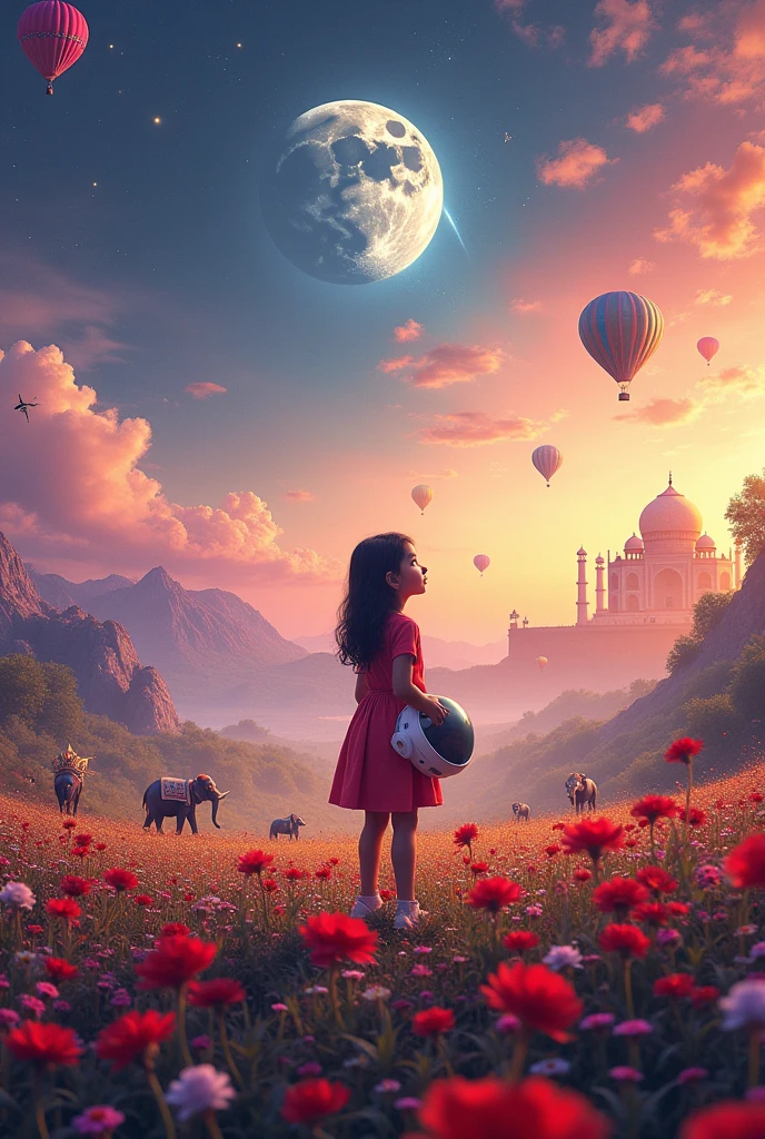 Vast landscape photography , (A view from Top, floating clouds above and the North Indian wide fields below), A girl standing in a flower field looking up, she is holding an Astronaut Mask, surrounded by colorful hot air balloons, (Elephants with butterfly wings: 2.2), (Clowns with big Hat: 2.2), (A small Pet Dog walking with the girl: 2.3), (full fantasy glowing Moon:2.2), (Taj Mahal:2.1),(Kutub Minar:1.2)( shooting star:0.9), (nebula:1.3), Distant Mountain, Tree break Production Art, (Warm light source:1.2), (fire Fly:1.2), lamp, Lots of purple and orange, Intricate details, Volumetric lighting, Realism Break (masterpiece:1.2), (highest quality), 4K, Super detailed, (Dynamic configuration:1.4), Very detailed, Colorful details,( Rainbow-colored:1.2), (Shining Lights, Atmospheric lighting), dream-like, Magic, (alone:1.2), Detailed girl happy face