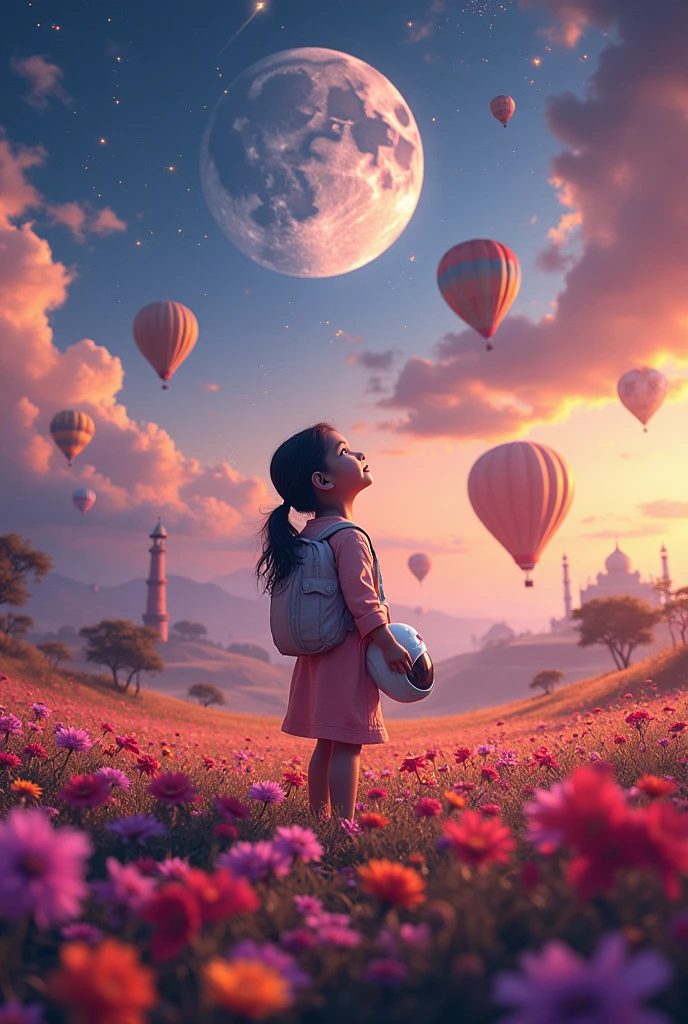 A panoramic aerial view of North Indian wide fields enveloped in floating clouds, capturing a young girl standing amidst a vibrant flower field. She gazes upwards, holding an astronaut mask, hinting at dreams of exploration and wonder. Surrounding her are whimsical elements: colorful hot air balloons floating gently, elephants dressed as clowns adding a playful touch, and flying cats and dogs that defy gravity, enhancing the dream's surreal nature.
The backdrop features iconic silhouettes of the Taj Mahal and Qutub Minar under a detailed full moon and a faintly glowing nebula, creating a celestial atmosphere. A shooting star streaks across the sky, adding a sense of fleeting magic. The scene is set against distant mountains and sporadic trees, under a volumetric lighting effect that casts a warm, golden hue, akin to sunset.
Additional elements like fireflies, a lamp emitting soft light, and intricate details in purple and orange tones contribute to the richness of the scene. The atmospheric lighting is dynamic, with rainbow-colored hues and shining lights that evoke a sense of enchantment and awe. The artwork is rendered in 4K resolution to capture super detailed, high-quality realism with a touch of magical surrealism, focusing particularly on the detailed expression of the girl’s face, capturing her wonder and solitude in this dream-like magical setting.