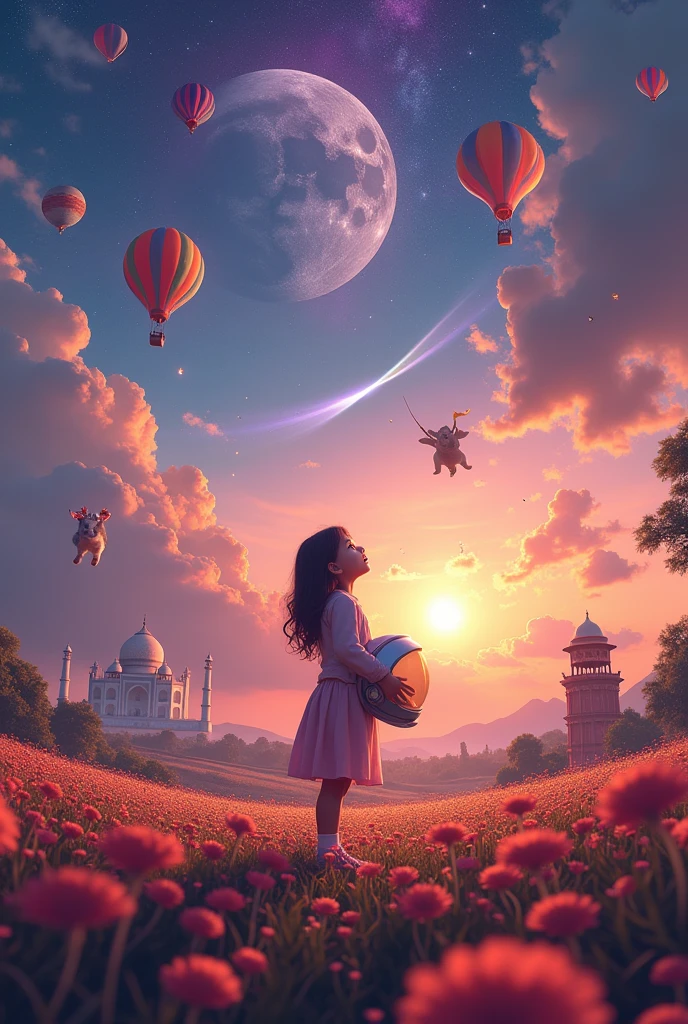 A panoramic aerial view of North Indian wide fields enveloped in floating clouds, capturing a young girl standing amidst a vibrant flower field. She gazes upwards, holding an astronaut mask, hinting at dreams of exploration and wonder. Surrounding her are whimsical elements: colorful hot air balloons floating gently, elephants dressed as clowns adding a playful touch, and flying cats and dogs that defy gravity, enhancing the dream's surreal nature.
The backdrop features iconic silhouettes of the Taj Mahal and Qutub Minar under a detailed full moon and a faintly glowing nebula, creating a celestial atmosphere. A shooting star streaks across the sky, adding a sense of fleeting magic. The scene is set against distant mountains and sporadic trees, under a volumetric lighting effect that casts a warm, golden hue, akin to sunset.
Additional elements like fireflies, a lamp emitting soft light, and intricate details in purple and orange tones contribute to the richness of the scene. The atmospheric lighting is dynamic, with rainbow-colored hues and shining lights that evoke a sense of enchantment and awe. The artwork is rendered in 4K resolution to capture super detailed, high-quality realism with a touch of magical surrealism, focusing particularly on the detailed expression of the girl’s face, capturing her wonder and solitude in this dream-like magical setting.