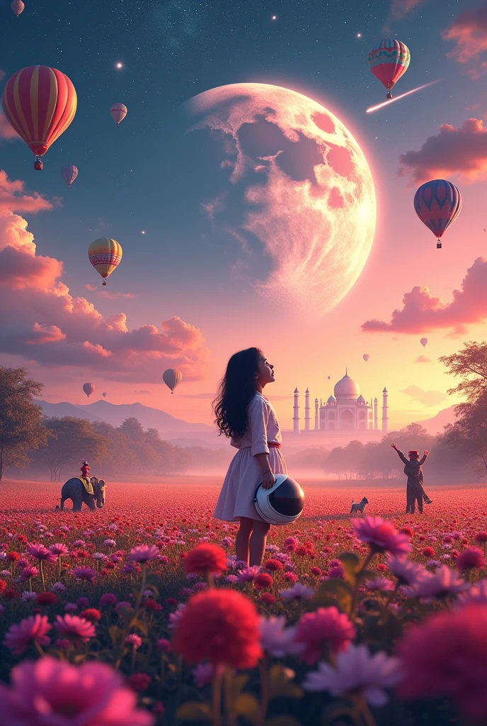 A panoramic aerial view of North Indian wide fields enveloped in floating clouds, capturing a young girl standing amidst a vibrant flower field. She gazes upwards, holding an astronaut mask, hinting at dreams of exploration and wonder. Surrounding her are whimsical elements: colorful hot air balloons floating gently, elephants dressed as clowns adding a playful touch, and flying cats and dogs that defy gravity, enhancing the dream's surreal nature.

The backdrop features iconic silhouettes of the Taj Mahal and Qutub Minar under a detailed full moon and a faintly glowing nebula, creating a celestial atmosphere. A shooting star streaks across the sky, adding a sense of fleeting magic. The scene is set against distant mountains and sporadic trees, under a volumetric lighting effect that casts a warm, golden hue, akin to sunset.

Additional elements like fireflies, a lamp emitting soft light, and intricate details in purple and orange tones contribute to the richness of the scene. The atmospheric lighting is dynamic, with rainbow-colored hues and shining lights that evoke a sense of enchantment and awe. The artwork is rendered in 4K resolution to capture super detailed, high-quality realism with a touch of magical surrealism, focusing particularly on the detailed expression of the girl’s face, capturing her wonder and solitude in this dream-like magical setting.