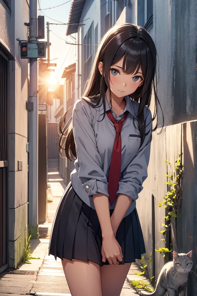 girl in school uniform petting a grey cat, alleyway, sunset, close up