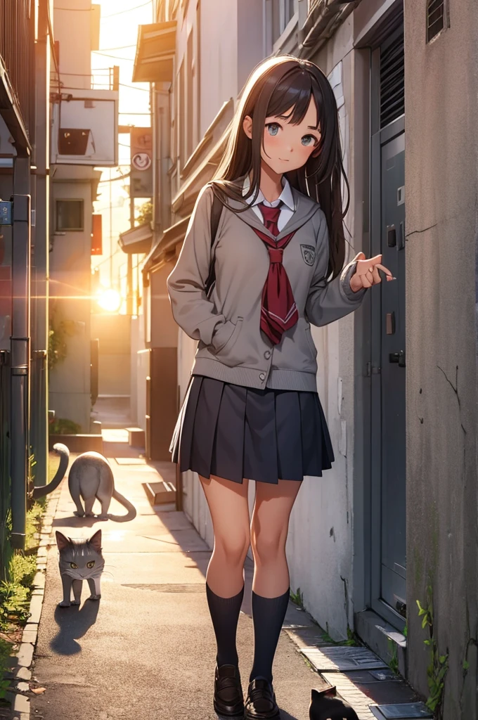 girl in school uniform petting a grey cat, alleyway, sunset, close up