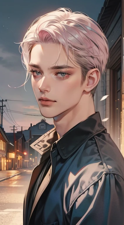 masterpiece, best quality, realistic, 1man, mature male, quiet and charming young man, 35 years old, close his eyes, serious, closed mouth, extremely detailed face, cold, ((dark grey blue eyes)), ((short-right-swept dark grey pink hair)), [thick eyebrows], ((hunter)), accurate, detailed, ((town))