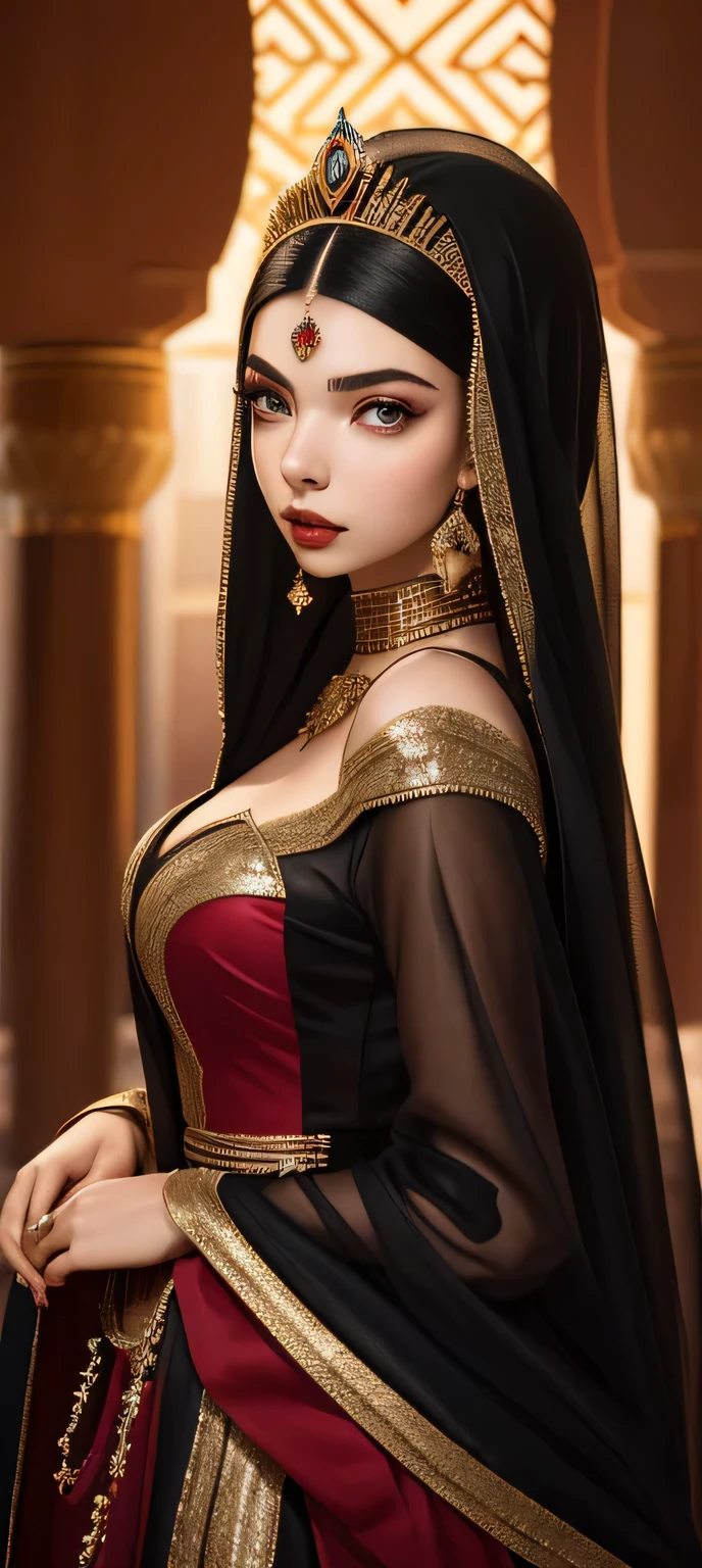 Arab woman in Arabic dress, colorful fairy with lots of coins , portrait of kim petras, ava max, fine art fashion photography, perfect girl with black hair, sleeping beauty fairytale, editorial fashion photography, 4K fotografia de glamour, anya taylor - joy vampire queen, high fashion photography, girl with black hair, high-end fashion photoshoot, Red and veil, Beleza Arabic, arab princess, arab princess, Linda mulher Arabic, persian princess, orientalisme, Arabic, arte Arabic, ((a beautiful fantasy empress)), beautiful oriental woman, traditional beauty, persian queen, gorgeous woman, a beautiful fantasy empress, portrait of a beautiful goddess, beautiful maiden, gold forehead and coins, deitada em uma cama com muitas gold-coins, lots of wealth, Lots of abundance, prosperous, a lot of gold, gold-coins, red persian rug, royal red, Arabian Beauty Royalty.