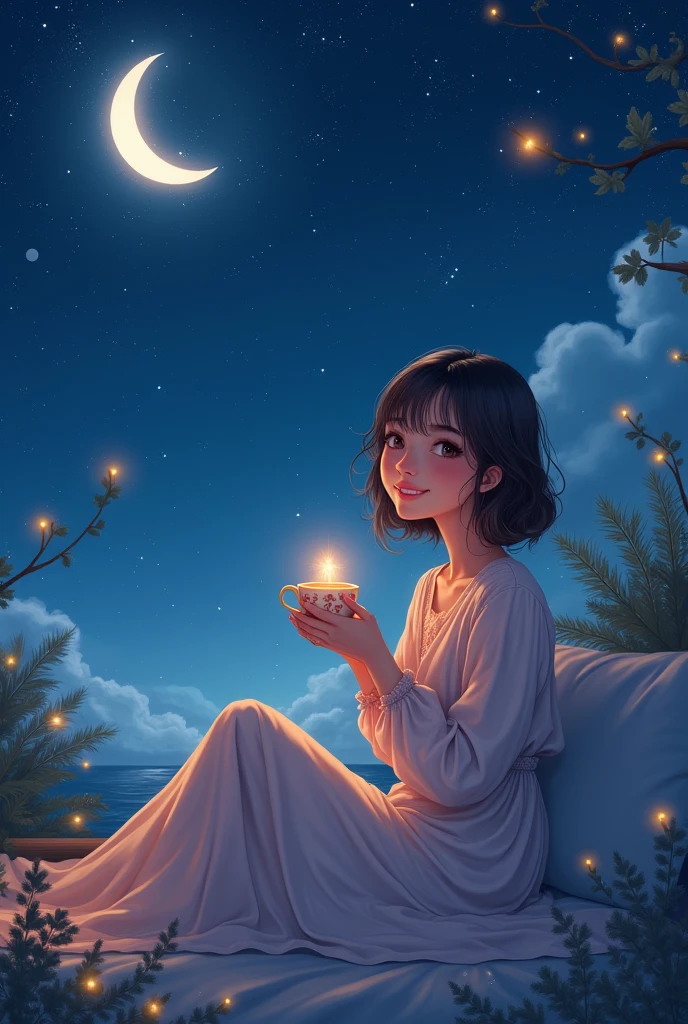 A gurl with night sky full of stars and moon under the sky having a pleasant mood and a cup of tea 