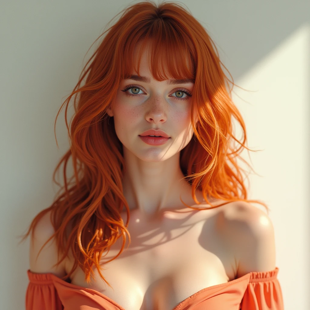 1woman , 23 years old, German girl, waist up portrait, art by Peach Momoko, digital art 8k, art by cameron gray, fantastic face, beautiful look, detailed hair, ultra focus, face illuminated, face detailed, 8k resolution, watercolor, razumov style. art by Razumov and Volegov, art by Carne Griffiths and Wadim Kashin rutkowski repin art station hyperrealism painting concept art of detailed character, 8k resolution blade runner, soft natural lighting, smooth soft skin, wearing peach over the shoulder dress, very huge breast, symmetrical, natural skin texture, soft lighting, showing her shoulders, detailed face, ginger long drill hair, bang, rosy pure skin, v-shaped slim face, rosy cheeks, cute bright smile showing her teeth, photorealism, soft pastel colors sparkling, cowboy shot, half-body shot, looking away, very sexy Mary