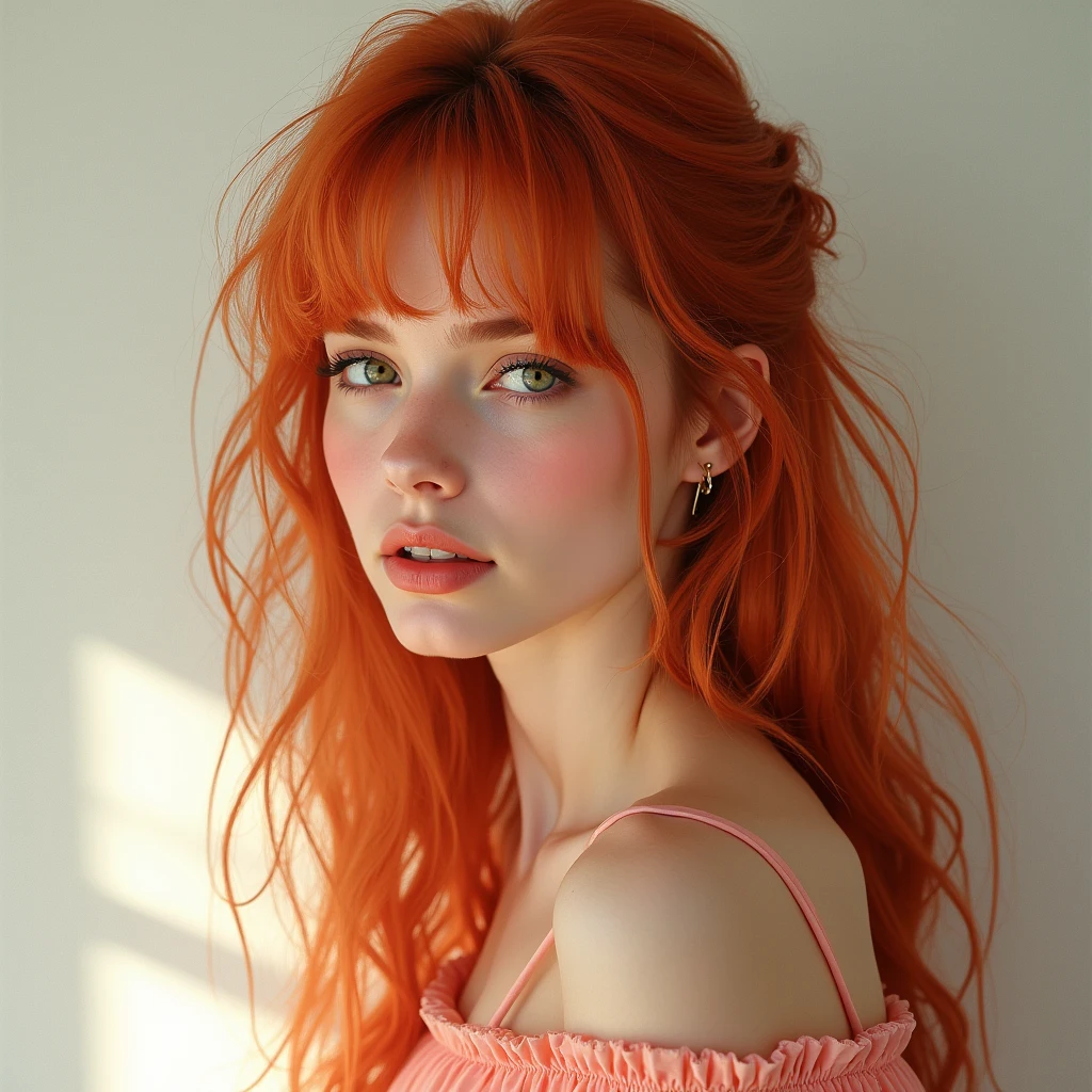 1woman , 23 years old, German girl, waist up portrait, art by Peach Momoko, digital art 8k, art by cameron gray, fantastic face, beautiful look, detailed hair, ultra focus, face illuminated, face detailed, 8k resolution, watercolor, razumov style. art by Razumov and Volegov, art by Carne Griffiths and Wadim Kashin rutkowski repin art station hyperrealism painting concept art of detailed character, 8k resolution blade runner, soft natural lighting, smooth soft skin, wearing peach over the shoulder dress, very huge breast, symmetrical, natural skin texture, soft lighting, showing her shoulders, detailed face, ginger long drill hair, bang, rosy pure skin, v-shaped slim face, rosy cheeks, cute bright smile showing her teeth, photorealism, soft pastel colors sparkling, cowboy shot, half-body shot, looking away, very sexy Mary
