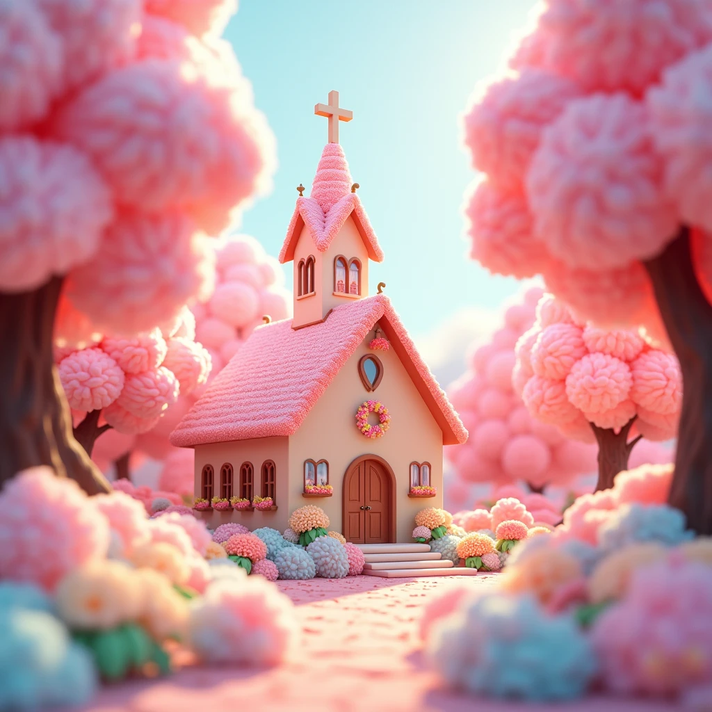 わたあめのchurch、Gloria Studio, The garden is filled with rainbow-colored cotton candy.,church、 Fairy tale、fluffy、Dreamy and cute、Clay Materials, Cartoon design style, POP MART, Soft lighting, Smooth lines, Tilt-shift lens, Detailed sci-fi illustrations, Ultra-Realistic Details, warm color
