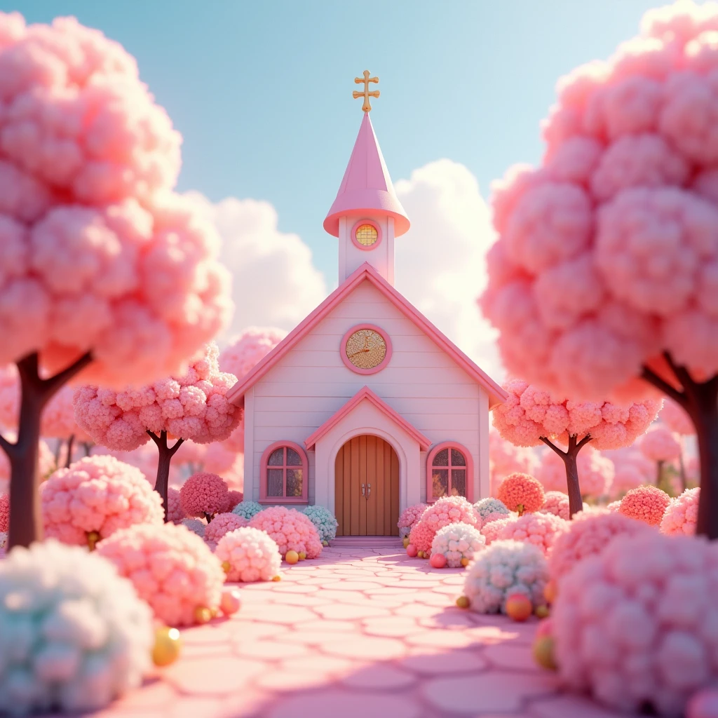 わたあめのchurch、Gloria Studio, The garden is filled with rainbow-colored cotton candy.,church、 Fairy tale、fluffy、Dreamy and cute、Clay Materials, Cartoon design style, POP MART, Soft lighting, Smooth lines, Tilt-shift lens, Detailed sci-fi illustrations, Ultra-Realistic Details, warm color