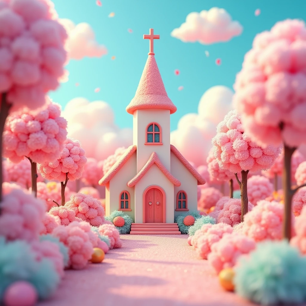 わたあめのchurch、Gloria Studio, The garden is filled with rainbow-colored cotton candy.,church、 Fairy tale、fluffy、Dreamy and cute、Clay Materials, Cartoon design style, POP MART, Soft lighting, Smooth lines, Tilt-shift lens, Detailed sci-fi illustrations, Ultra-Realistic Details, warm color