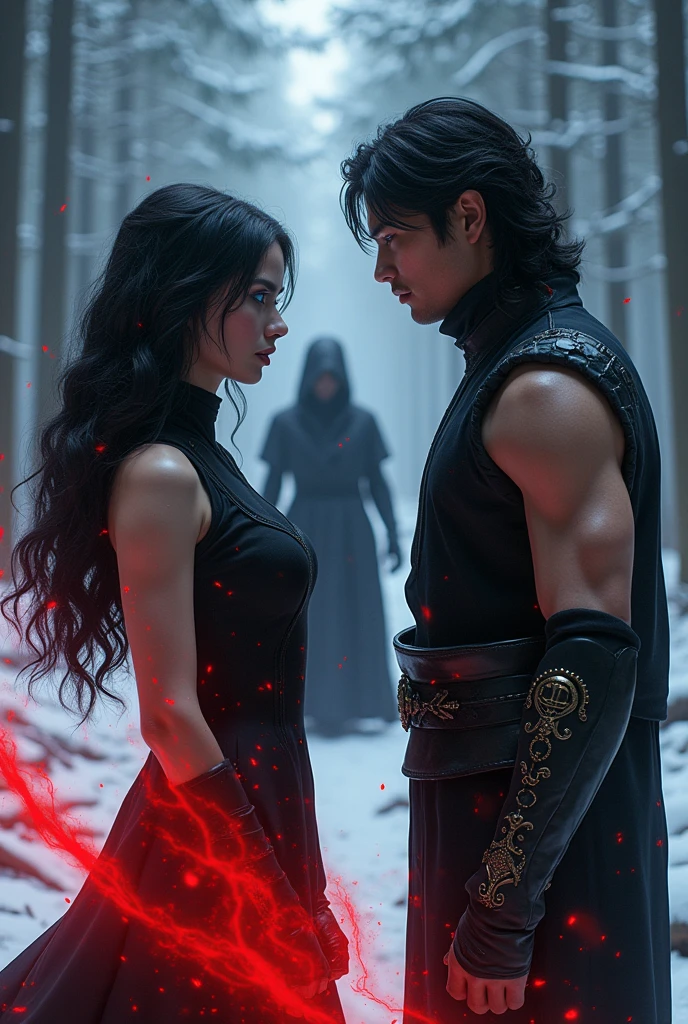 women, long wavy black hair, blue eyes, full lips, black high neck dress, Red energy coming out of it, in a snowy pine forest, man in suit, muscular, medium wavy black hair, blue eyes, with black energy coming out of it, In the background, a hooded man with his face covered, dressed in black